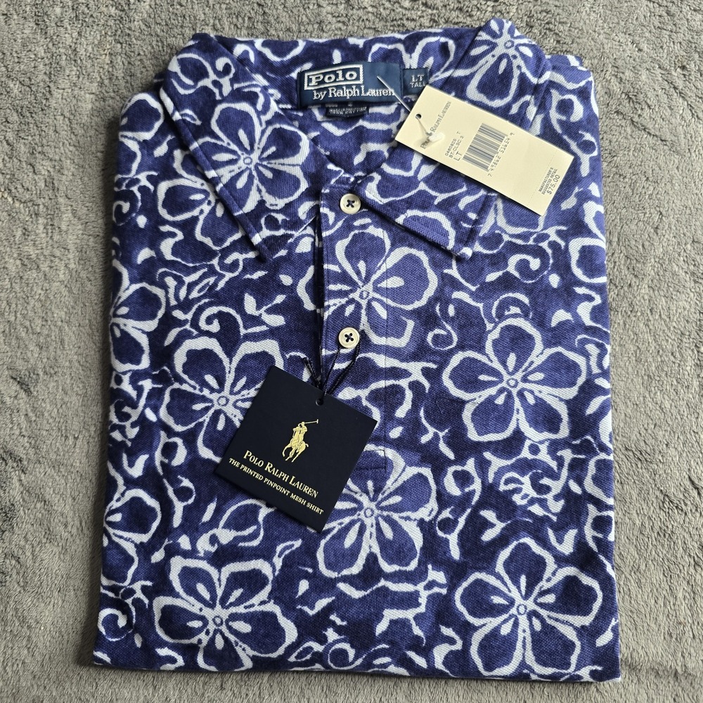 NWT Polo Ralph Lauren Pinpoint Mesh Polo Shirt Mens Large Tall Blue Floral S/S